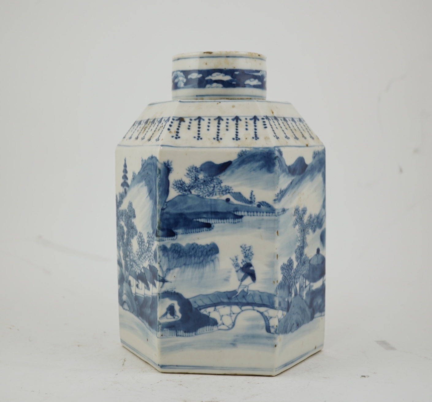 A Chinese blue and white ‘landscape’ hexagonal jar and cover, late 19th century
